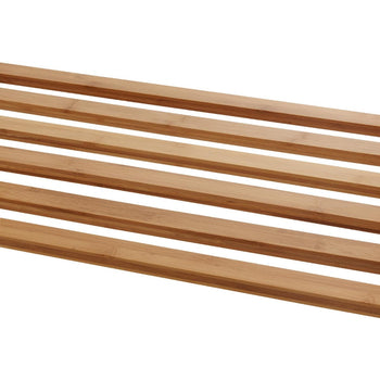Several parallel, light-brown bamboo slats, The slats are arranged diagonally across the frame, highlighting their natural wood grain.