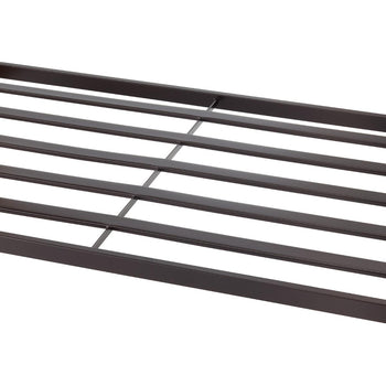 A close up of the bronze metal slatted shelf.