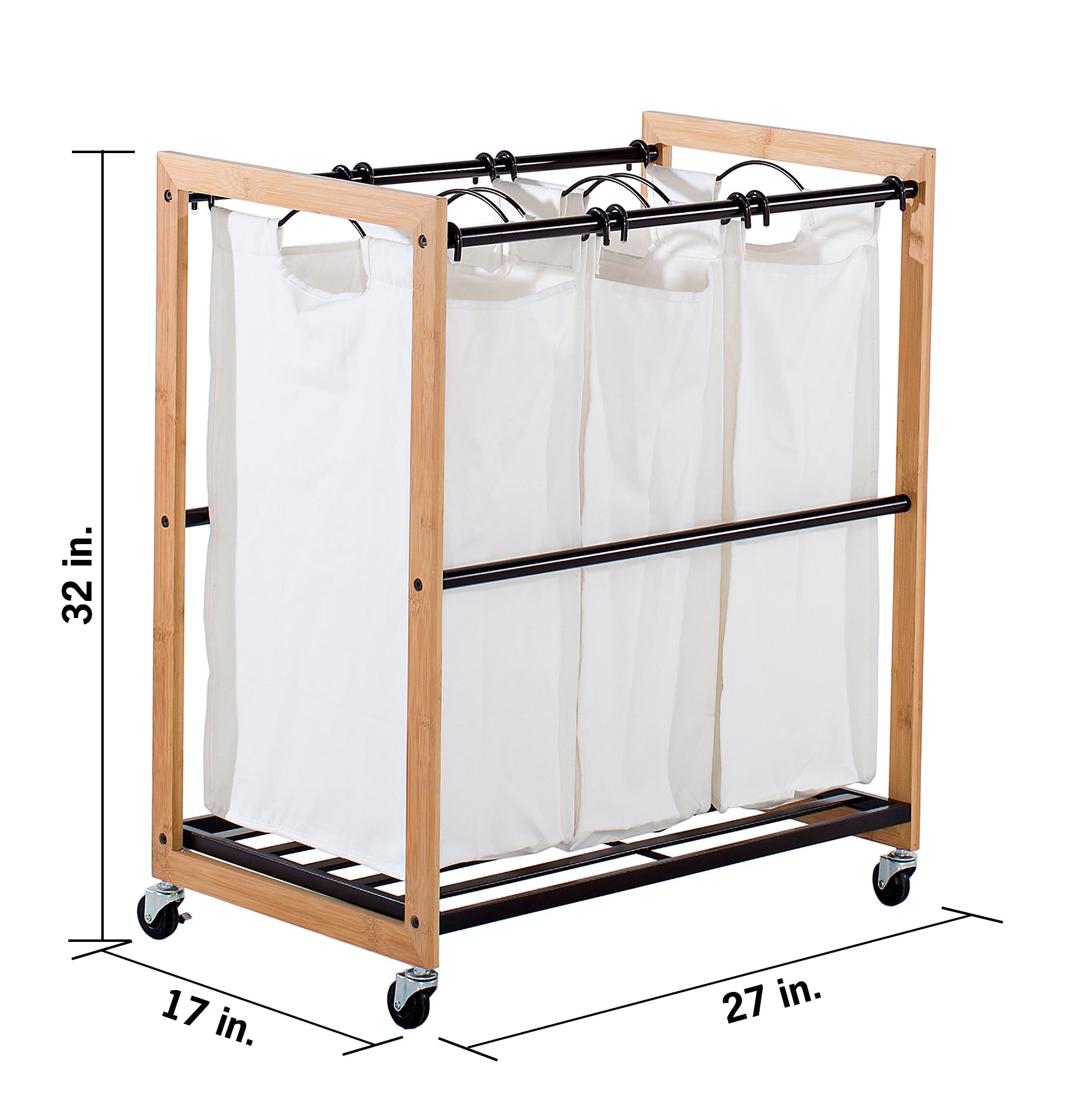 A bamboo laundry hamper with three white, removable bags is shown with dimensions. The hamper is 32 inches tall, 17 inches deep, and 27 inches wide, and has wheels for portability.