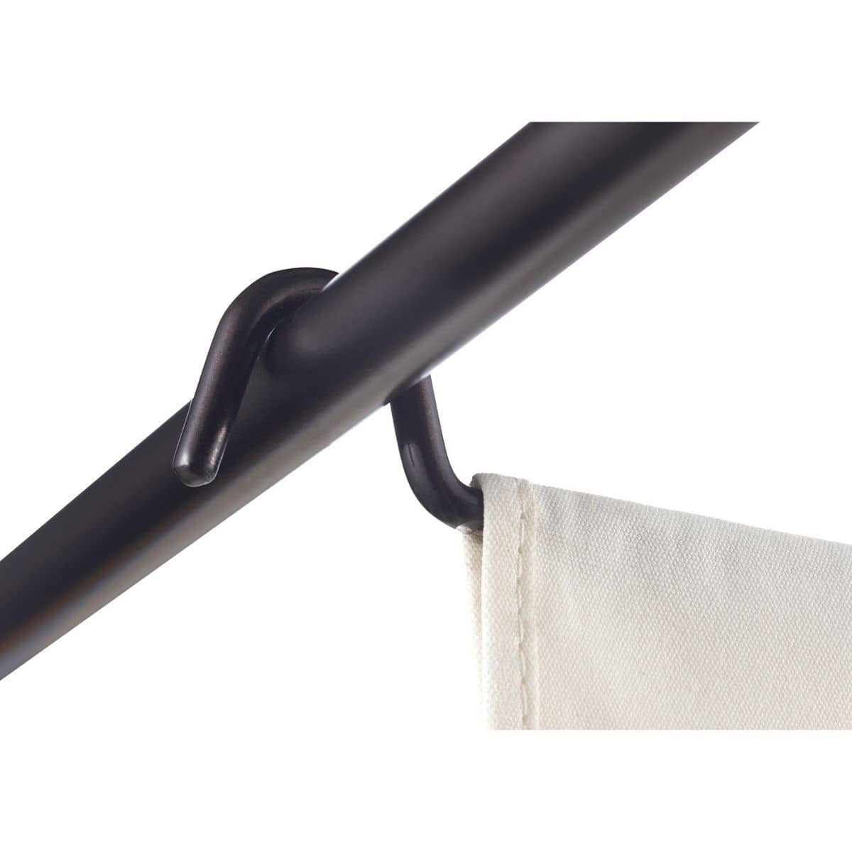 A close-up shows a dark metal curtain rod with attached hooks. One hook holds a portion of a light-colored curtain fabric.
