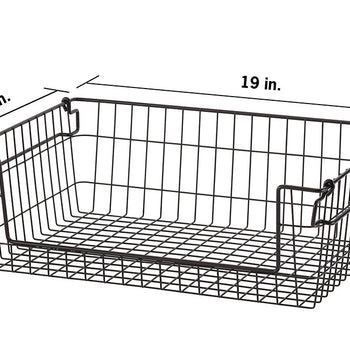A black wire basket with labeled dimensions, 19 inches wide, 14 inches deep, and 6 inches tall, is displayed on a white background. The basket has a simple, rectangular design with a grid pattern on the bottom and sides, and handles on the short sides.
