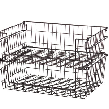 Two dark bronze wire baskets stacked on top of each other, isolated on a white background. The baskets have a grid pattern and feature handles on the sides, suggesting they are designed for storage and organization.