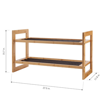 A two-tier bamboo shoe rack is shown from a slightly elevated, eye-level perspective against a white background. The rack has slatted shelves and dimensions labeled: 27.5 inches long, 15.7 inches high, and 11.8 inches deep.