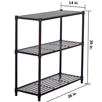 
A three-tiered, dark brown metal shelving unit is shown with dimensions labeled. The unit is 36 inches long, 14 inches wide, and 35 inches tall.