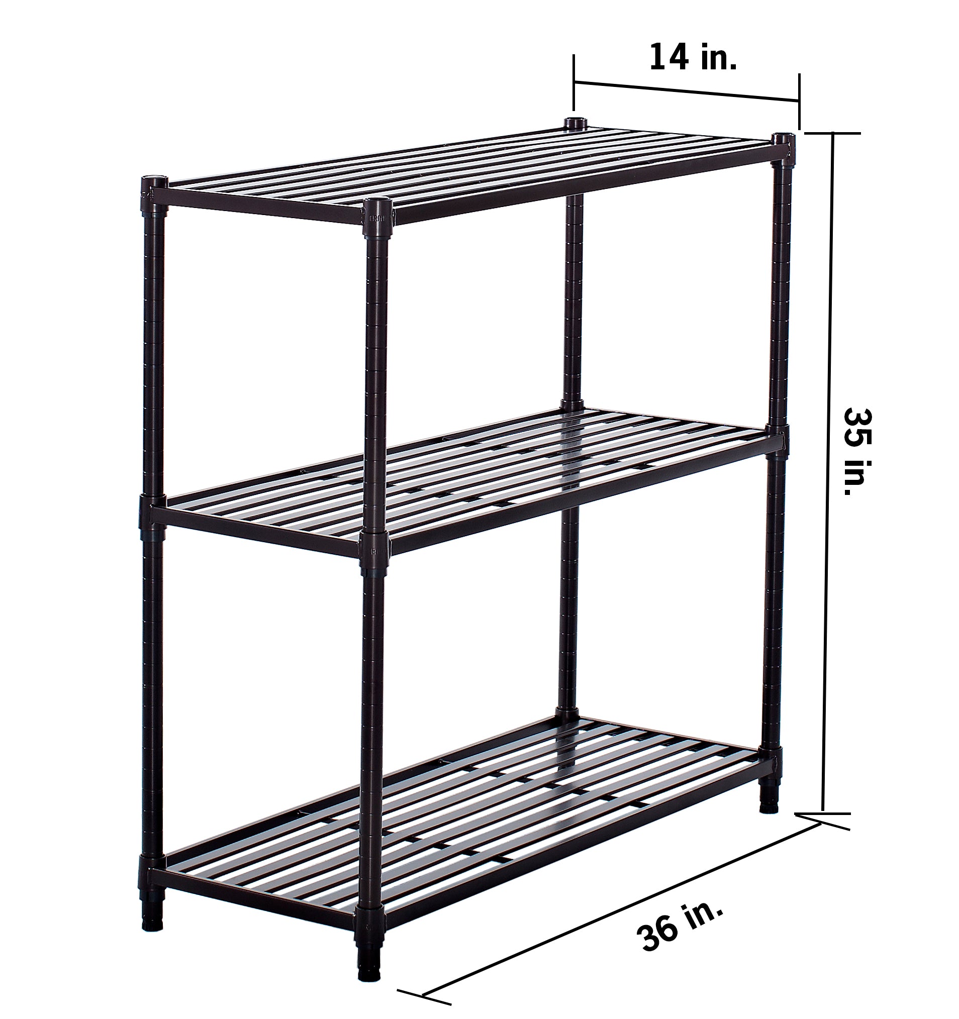 
A three-tiered, dark brown metal shelving unit is shown with dimensions labeled. The unit is 36 inches long, 14 inches wide, and 35 inches tall.