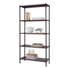 A tall, dark bronze, five-tier wire shelving unit. The shelves are sparsely organized with various kitchen and pantry items, including glass jars, a white baking dish, a colander, a pasta maker, and a basket holding glass bottles.