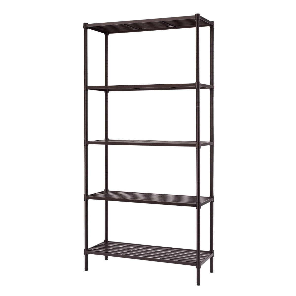 A five-tier metal shelving unit with a dark bronze or black finish is shown against a white background. The shelves are slatted, and the unit appears sturdy and designed for storage.