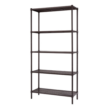 A five-tier metal shelving unit with a dark bronze or black finish is shown against a white background. The shelves are slatted, and the unit appears sturdy and designed for storage.