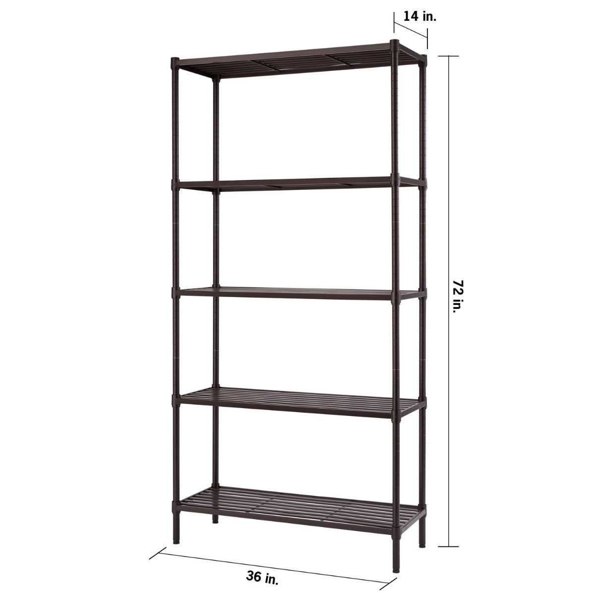 A dark bronze five-tier metal shelving unit is shown against a white background. Dimensions are indicated with arrows and text: 36 inches wide, 14 inches deep, and 72 inches high.