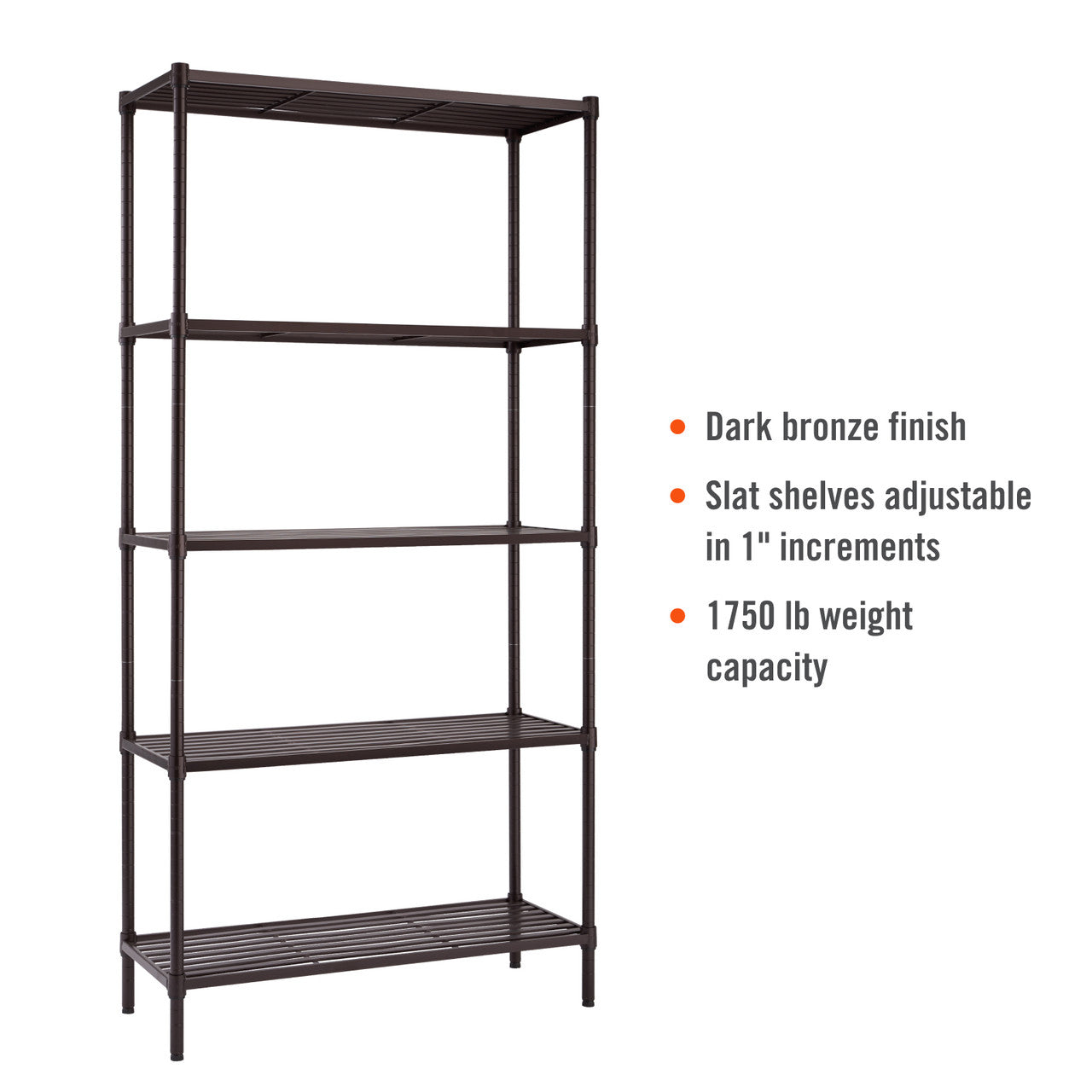 A five-tier steel wire shelving unit in a dark bronze finish. The slat shelves are adjustable in 1-inch increments and the unit has a 1750 lb weight capacity.