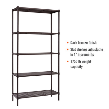 A five-tier steel wire shelving unit in a dark bronze finish. The slat shelves are adjustable in 1-inch increments and the unit has a 1750 lb weight capacity.