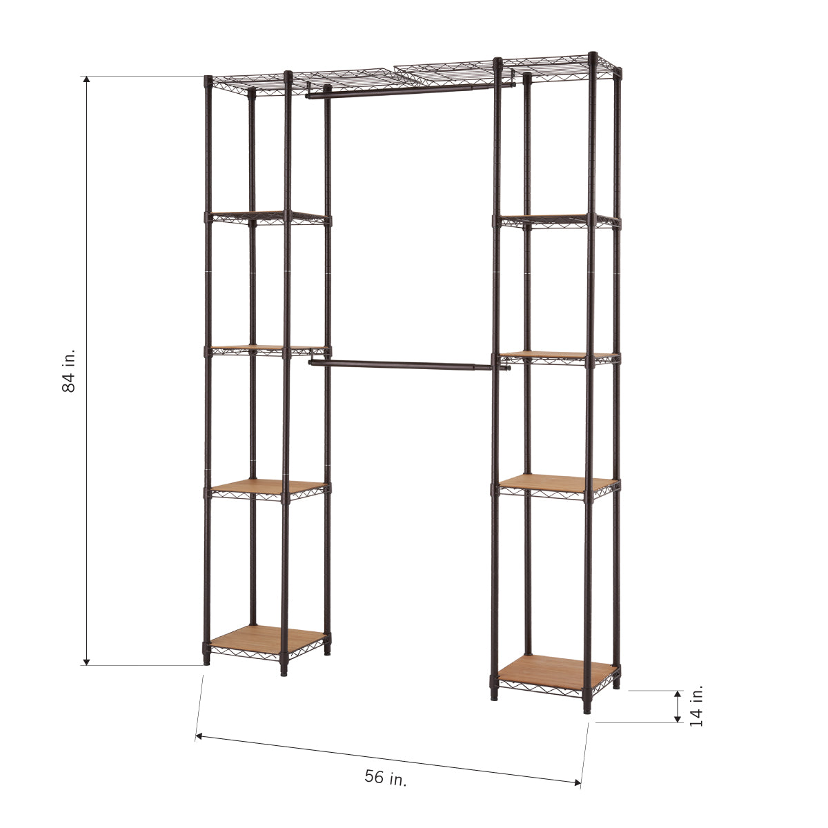 Metal frame closet organizer with two vertical shelving units on each side, connected by a hanging rod and a top shelf. Dimensions are 84 inches high, 56 inches wide, and 14 inches deep.