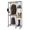 A bronze closet rack with swivel wheels, 6 shelves, a sidebar with hooks for accessories, and 2 metal hanging rods.