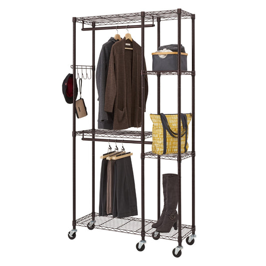 A bronze closet rack with swivel wheels, 6 shelves, a sidebar with hooks for accessories, and 2 metal hanging rods.