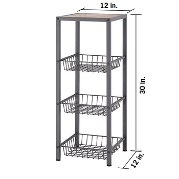 A narrow, rectangular, three-tiered storage unit features a gray metal frame and three pull-out wire baskets. The unit has a light brown, possibly wooden, top surface and measures 30 inches tall and 12 inches wide and deep.