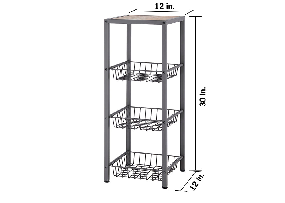 A narrow, rectangular, three-tiered storage unit features a gray metal frame and three pull-out wire baskets. The unit has a light brown, possibly wooden, top surface and measures 30 inches tall and 12 inches wide and deep.