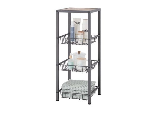 A dark gray metal shelving unit with three wire baskets and a wooden top shelf is displayed against a white background. The shelves hold various bathroom items including towels, lotions, sprays, and candles, suggesting its use for storage.