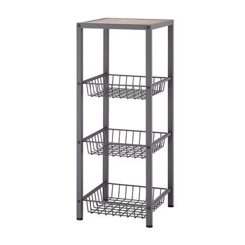 A narrow, charcoal-grey metal shelving unit with three wire baskets and a light wood-look top surface is depicted against a white background. The baskets are rectangular and sit within the frame, providing open storage.