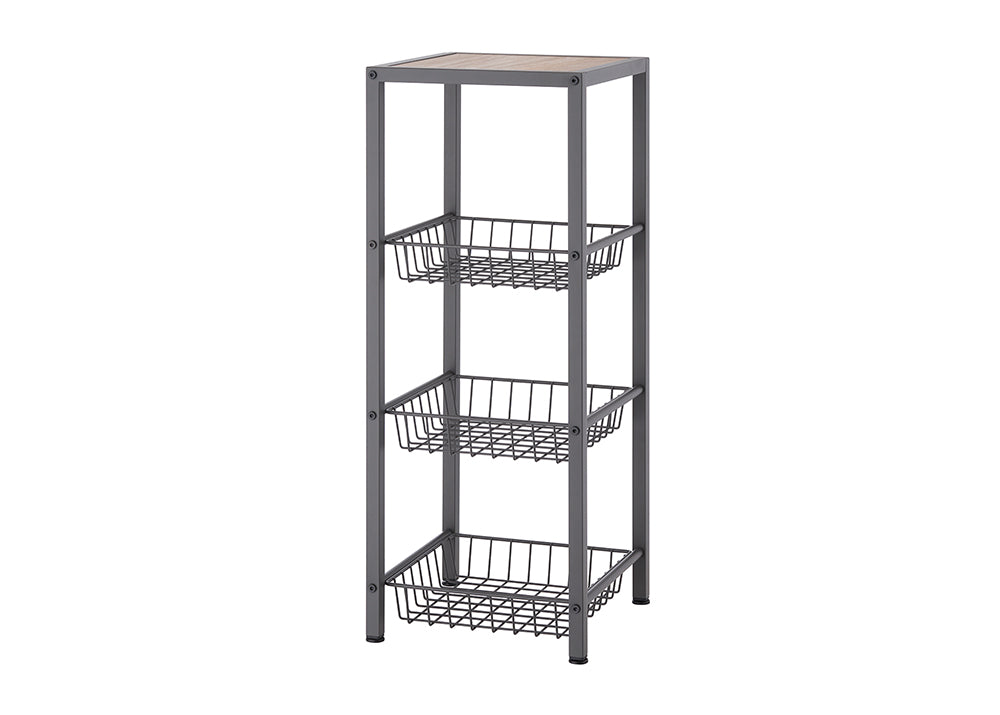 A narrow, charcoal-grey metal shelving unit with three wire baskets and a light wood-look top surface is depicted against a white background. The baskets are rectangular and sit within the frame, providing open storage.
