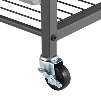 A close-up shot of a gray metal cart leg with a black caster wheel attached. The wheel has a silver metal swivel and a small lever for locking the wheel in place.