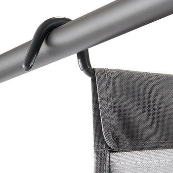 A close-up shot of a gray fabric panel hanging from a horizontal gray metal rod with a black plastic hook. The fabric panel has a lighter gray border at the bottom.