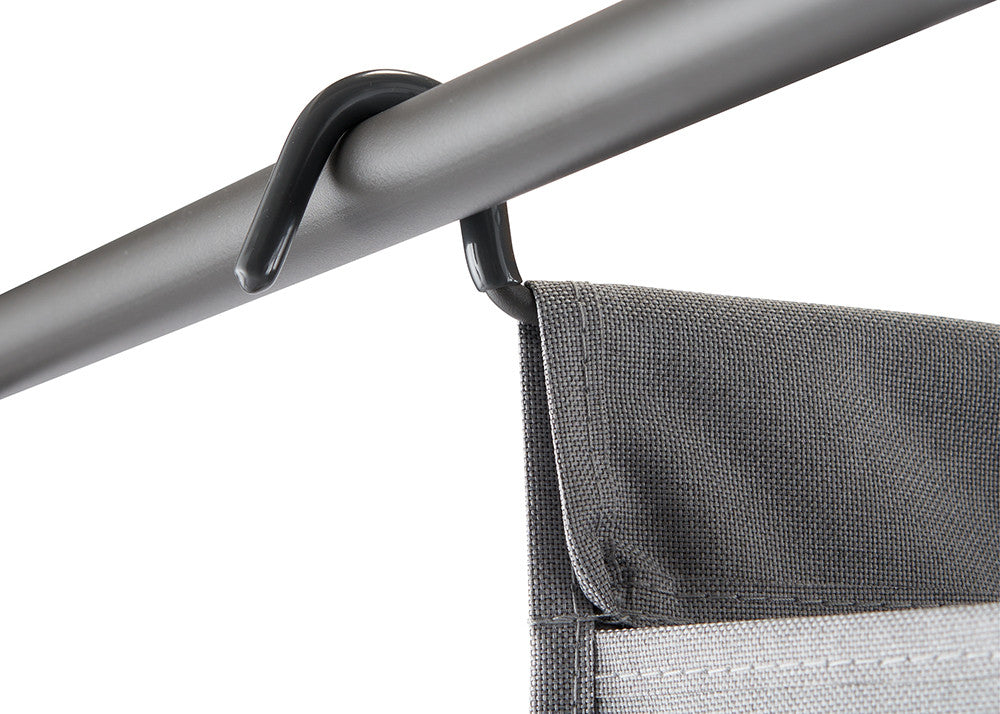 A close-up shot of a gray fabric panel hanging from a horizontal gray metal rod with a black plastic hook. The fabric panel has a lighter gray border at the bottom.