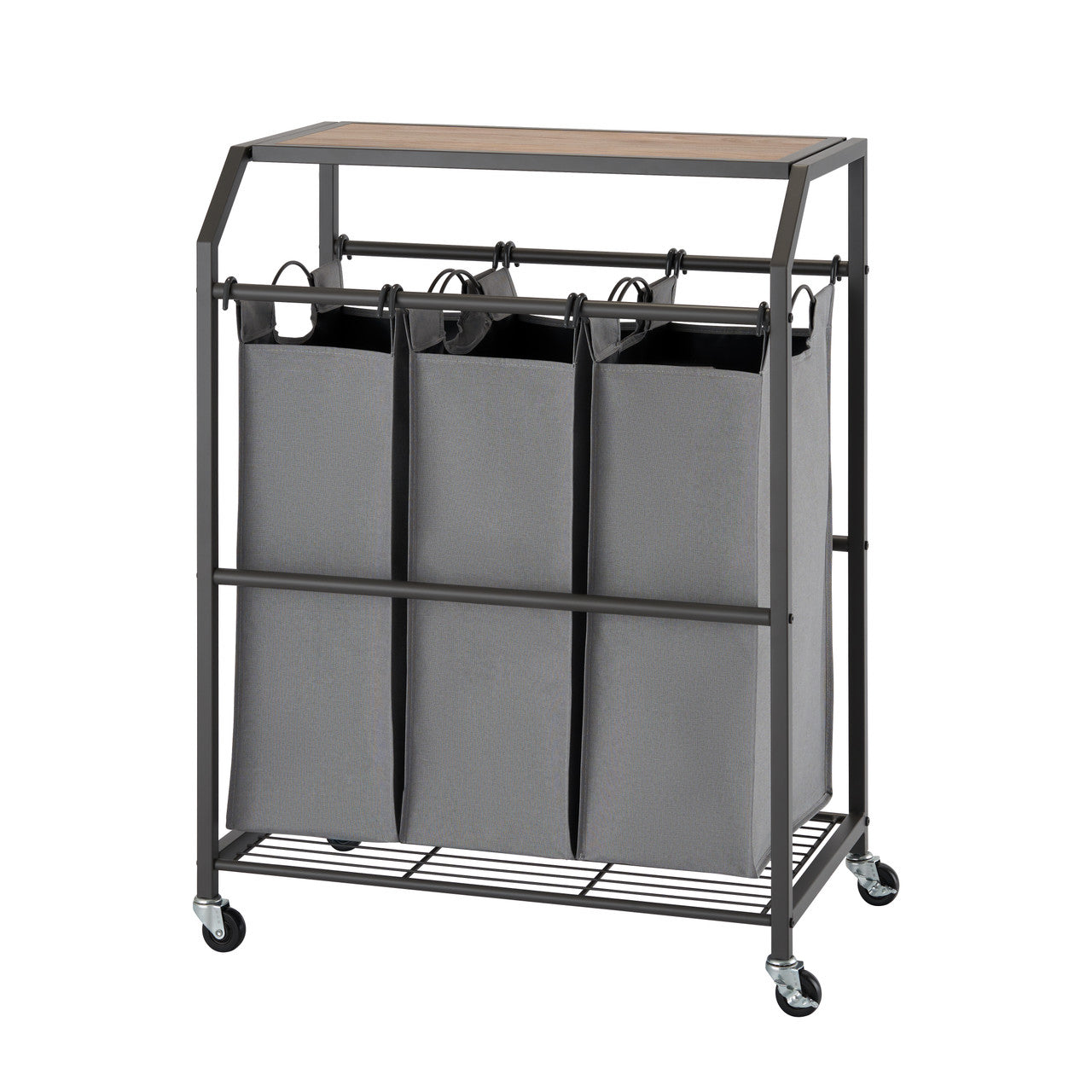 A laundry cart with three gray fabric bags hanging side-by-side from a metal frame with a wooden top. The cart has four wheels and a wire shelf at the bottom.