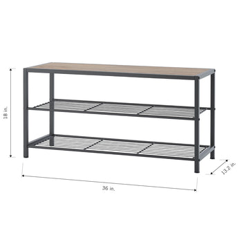A rectangular, two-tiered shoe rack features a light wood-grain top and dark gray metal shelves and frame. The dimensions are labeled as 36 inches wide, 18 inches high, and 13.2 inches deep.