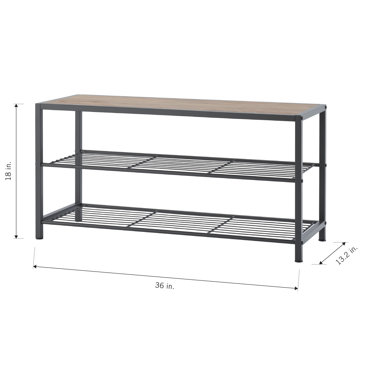 A rectangular, two-tiered shoe rack features a light wood-grain top and dark gray metal shelves and frame. The dimensions are labeled as 36 inches wide, 18 inches high, and 13.2 inches deep.