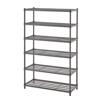 A tall, gray metal shoe rack with six slatted shelves stands against a white background. The rack has a simple, open design with vertical supports and horizontal slats to hold multiple pairs of shoes.
