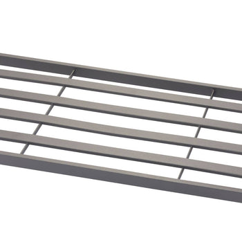 A close-up shows a section of a gray metal slatted bed frame. The parallel slats are connected by vertical supports, creating a grid-like structure.