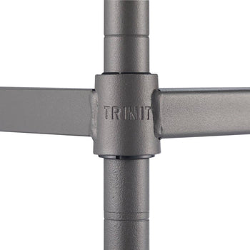 A close-up shot shows a gray metal support structure, likely part of a shelving unit, with the word 