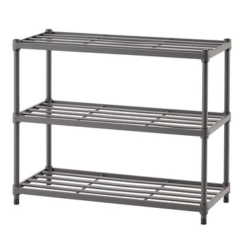 A three-tiered metal storage rack with a dark gray finish, featuring slatted shelves and four vertical support poles. The rack has a simple, sturdy design suitable for organizing shoes, household items, or small storage bins.