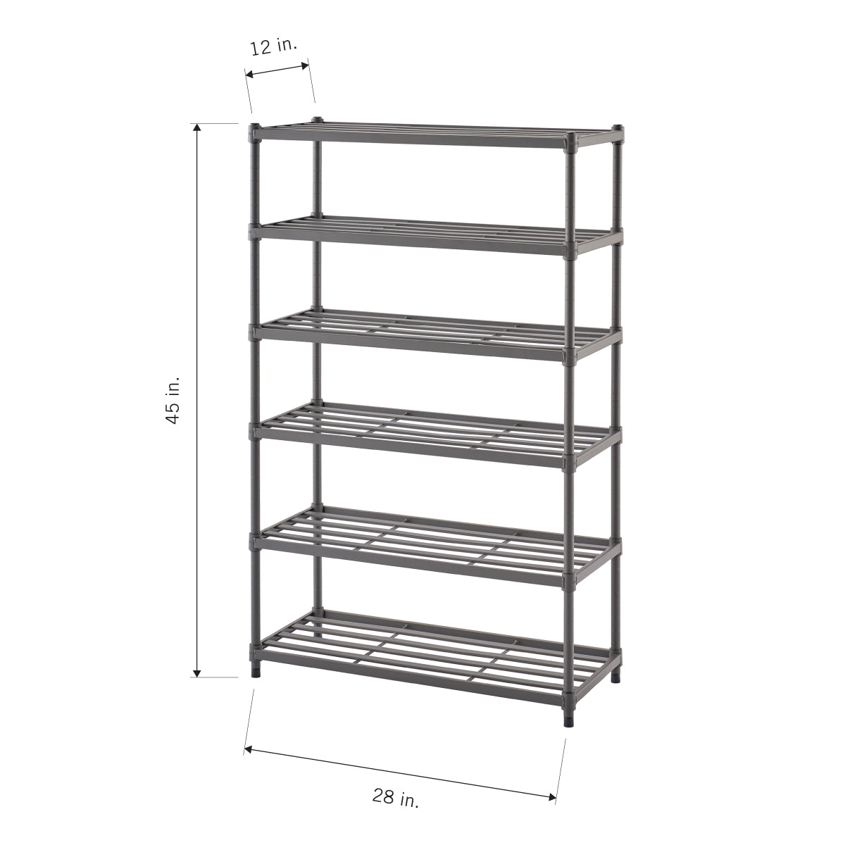 
A grey, five-tier metal shoe rack is shown with its dimensions. The rack is 45 inches tall, 28 inches wide, and 12 inches deep.