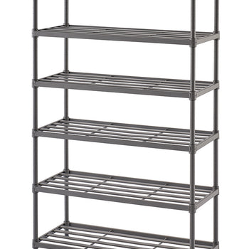 A five-tier metal storage rack with a black or dark gray finish, featuring open slatted shelves and four vertical support poles. The shelving unit is sturdy and versatile, suitable for organizing items in various spaces like garages, kitchens, or offices.