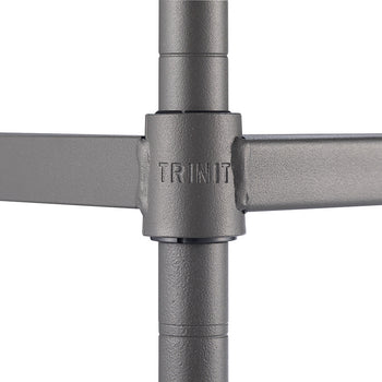 A close-up image of a metal shelving unit joint shows a cylindrical connector with the brand name 