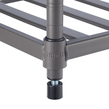 Close-up of a metal shelving unit corner with the brand name 