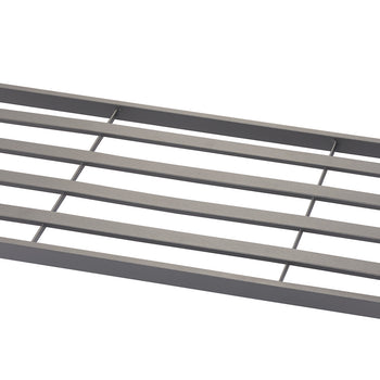 A close-up, angled shot of a metal slat shelf, showing the parallel horizontal slats and the thinner vertical supports connecting them. The shelf is a dark gray color.