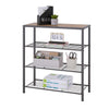 A three-tiered metal shelf with a wooden top holding various office supplies. The shelf has a gray frame and wire shelves, with items like paper, a calendar, and a small plant displayed.