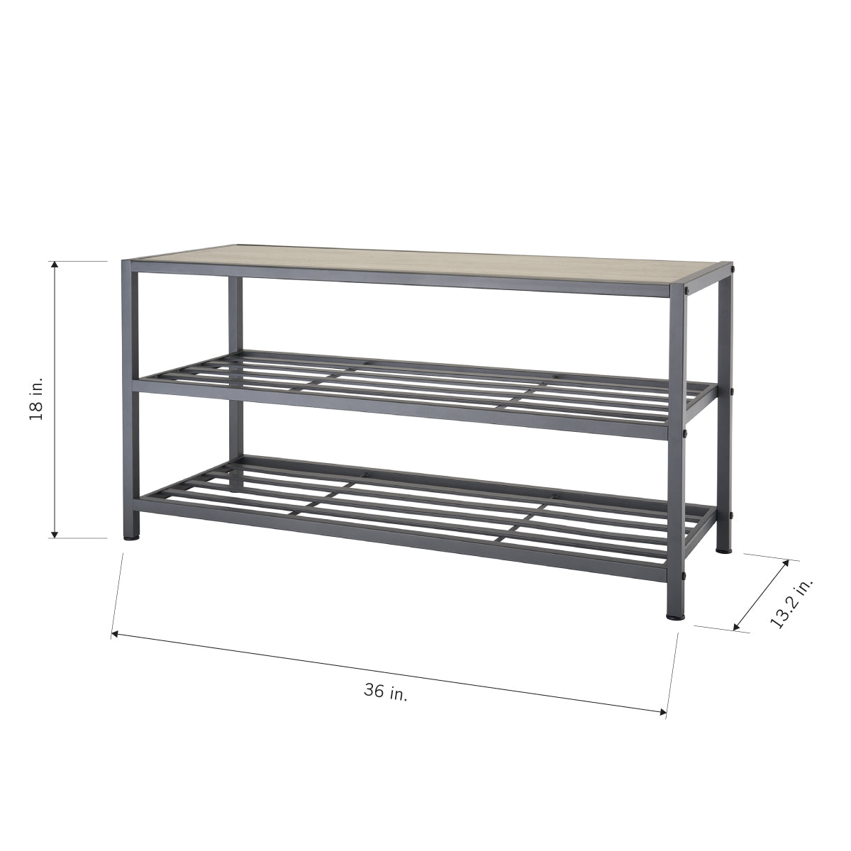 A three-tier shoe rack with a light wood-colored top shelf and two lower shelves made of gray metal slats. The dimensions are labeled as 36 inches long, 18 inches high, and 13.2 inches deep.