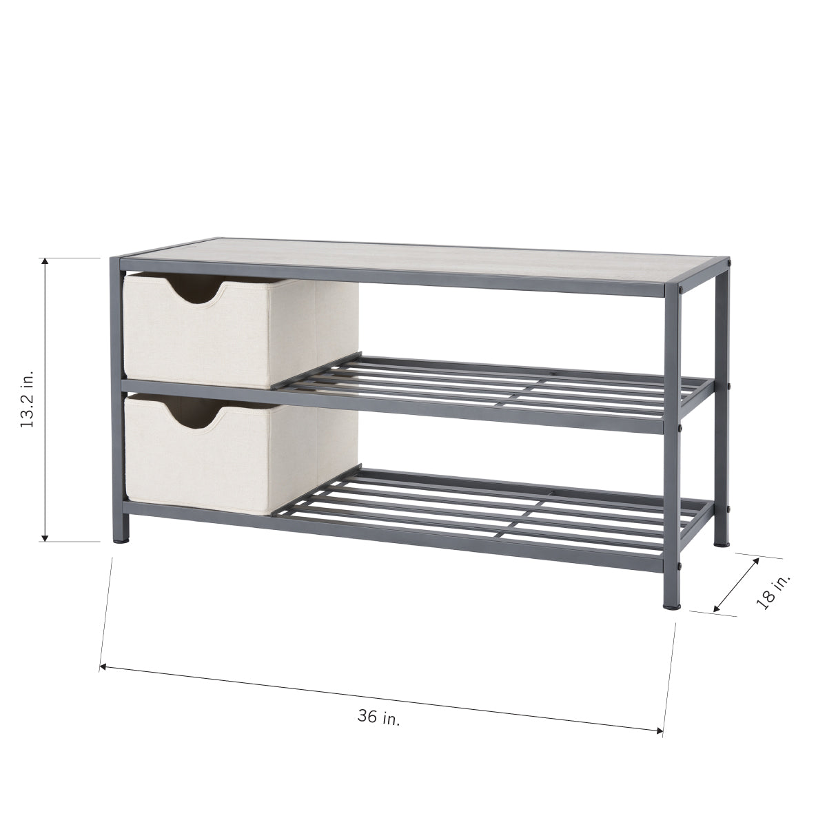 A metal shoe rack with a light wood-grain top and two slatted shelves. Two beige fabric storage bins are placed on the top shelf, and the product dimensions are labeled as 36 inches wide, 13.2 inches high, and 18 inches deep.