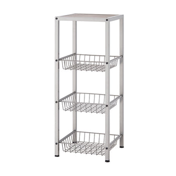 A four-tiered storage rack with wire baskets is shown against a white background. The rack has a simple, rectangular frame and is designed for organizing various items.