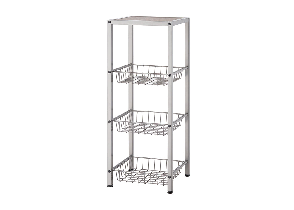 A four-tiered storage rack with wire baskets is shown against a white background. The rack has a simple, rectangular frame and is designed for organizing various items.