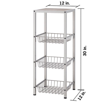 A silver, rectangular, three-tiered storage cart is shown with a light brown top surface. The cart has a metal frame and three pull-out wire baskets, with dimensions indicating it is 12 inches wide, 12 inches deep, and 30 inches tall.