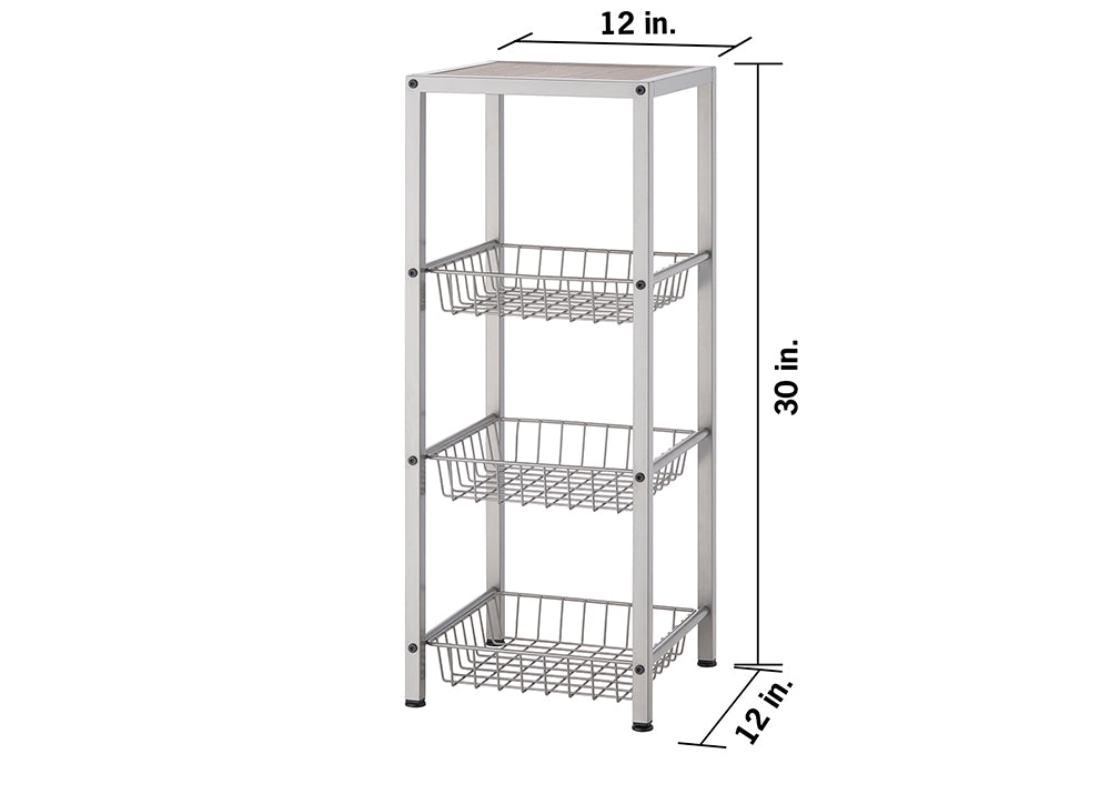 A silver, rectangular, three-tiered storage cart is shown with a light brown top surface. The cart has a metal frame and three pull-out wire baskets, with dimensions indicating it is 12 inches wide, 12 inches deep, and 30 inches tall.