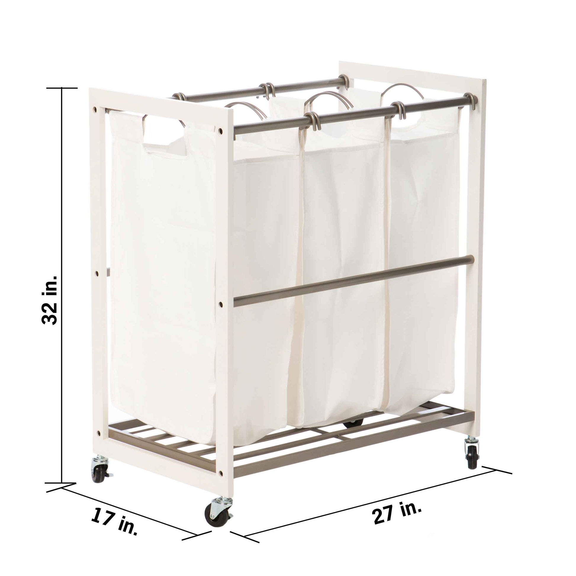 A front-facing view of a three-compartment laundry hamper with a white wooden frame and metal bars. The laundry sorter has three removable white canvas bags and four wheels, and its dimensions are labeled as 32 inches high, 17 inches deep, and 27 inches wide.