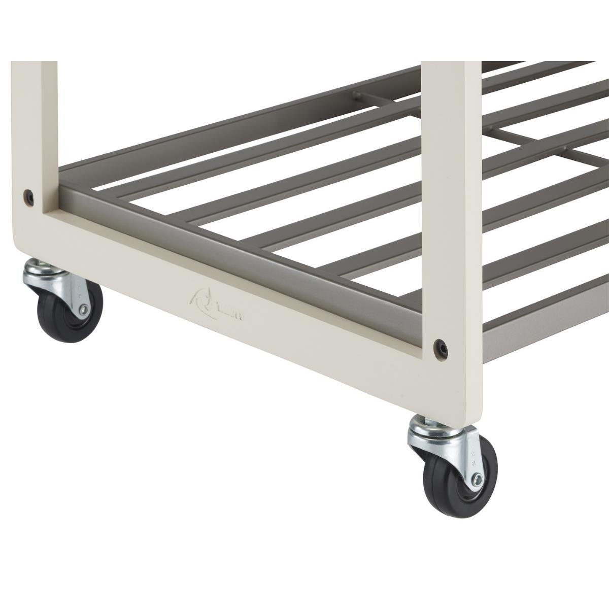 Bottom part of a white laundry cart that has the trinity mark at the center bottom of the wood frames. The cart has two caster with black rubber wheels for mobility.