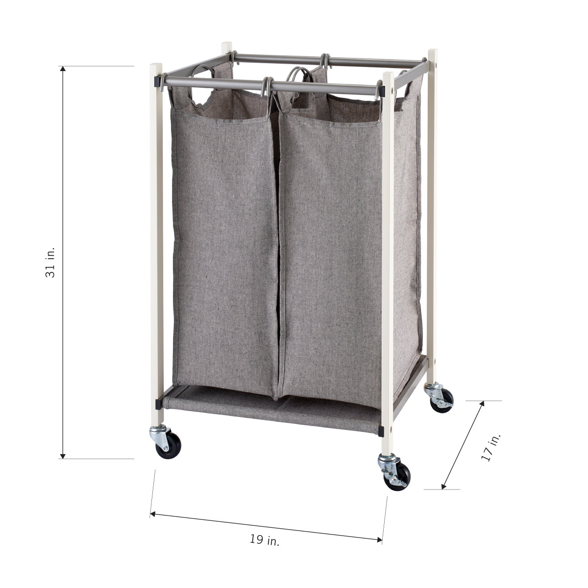 A grey dual laundry hamper with a metal frame and cream-colored wooden posts is shown from a three-quarter angle. The hamper has four wheels and is labeled with its dimensions: 31 inches high, 19 inches wide, and 17 inches deep.