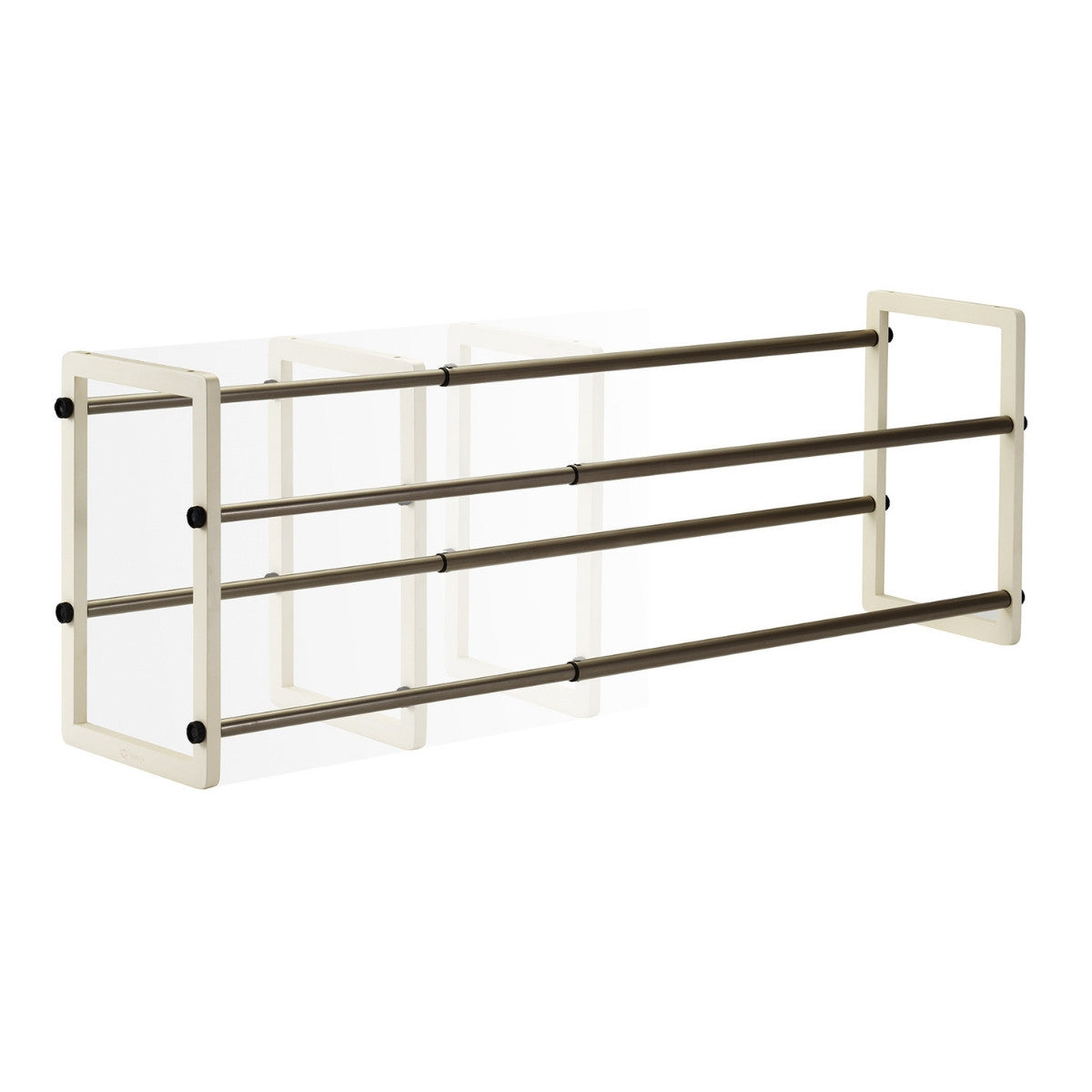 A white, two-tier expandable shoe rack is shown against a white background. The rack has horizontal, dark-colored metal bars for holding shoes and can be adjusted in width.