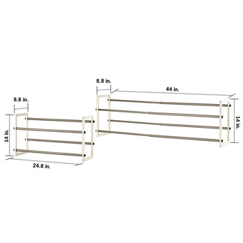 Two views of a Trinity Basics 2-Tier Expandable Shoe Rack. The image includes dimensions, showing that the rack's height is 14 inches, its depth is 8.8 inches, and its width can expand from 24.8 inches to 44 inches.